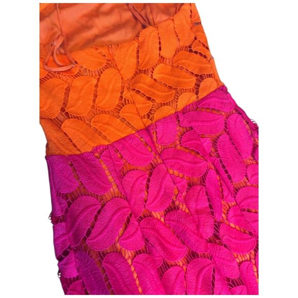 NWOT VICI Jaycie Colorblock Fuchsia Orange Crochet Leaf Halte Maxi Dress Small - Picture 7 of 10